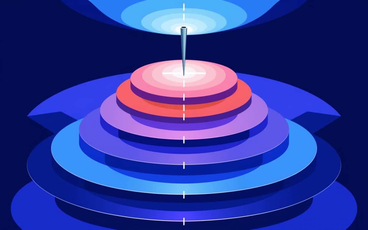 A layered cone-shaped structure made of colorful rings, transitioning from red and purple at the top to blue tones at the base, centered with a vertical axis.